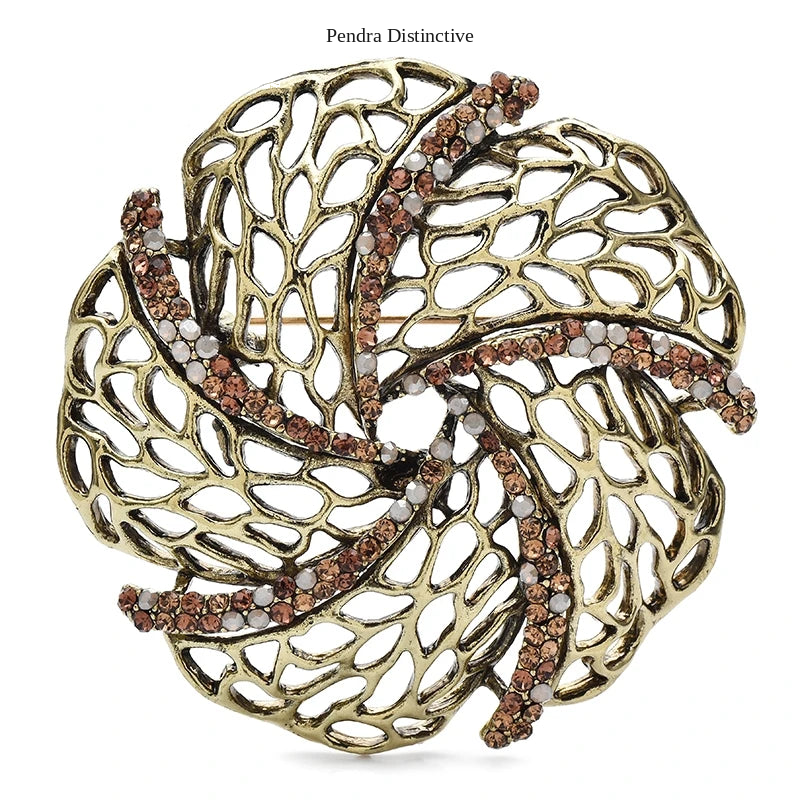 PENDRA Floracircle Vintage Rhinestone Round Flower Brooch