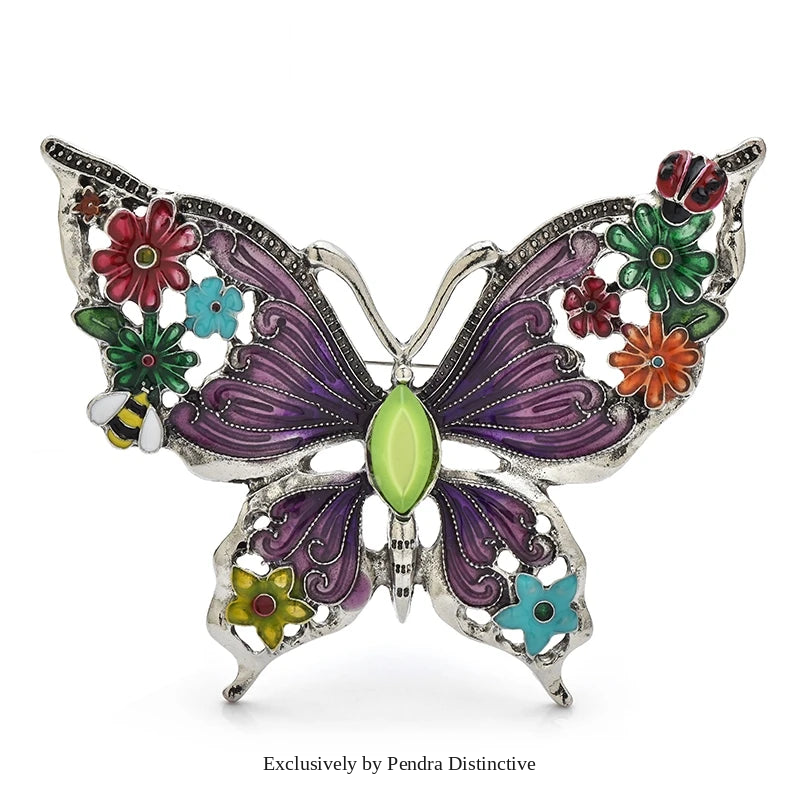 PENDRA Floral Butterfly Enamel Brooch