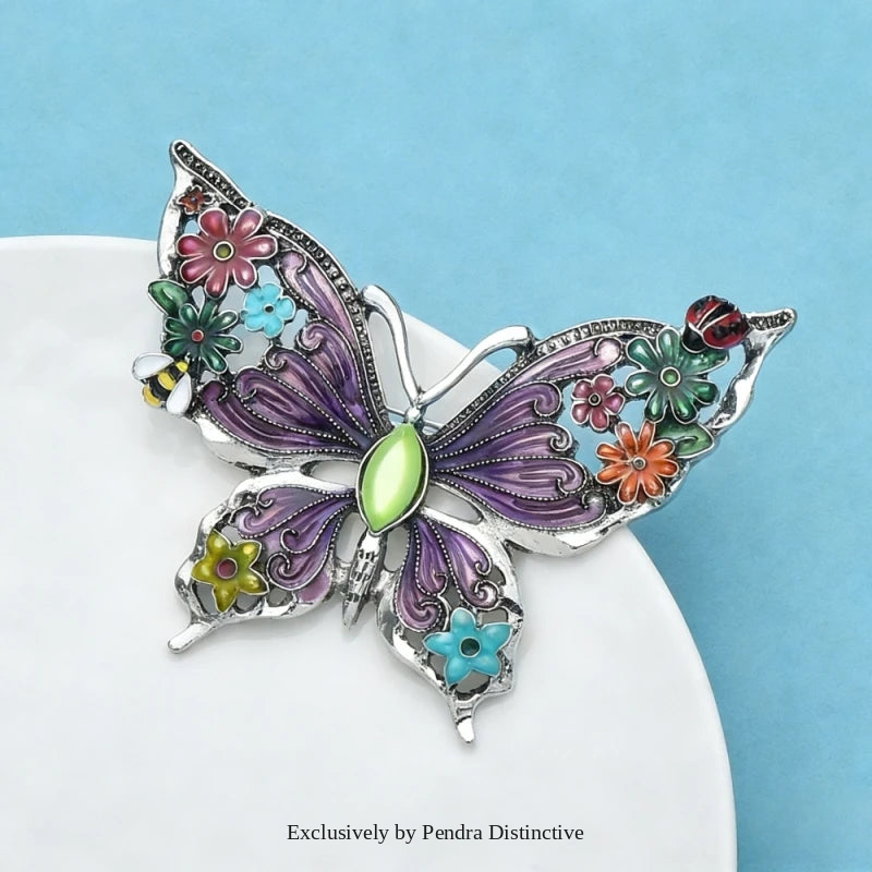 PENDRA Floral Butterfly Enamel Brooch