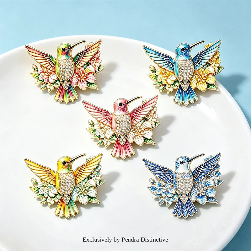 PENDRA Floral Hummingbird Rhinestone Brooch