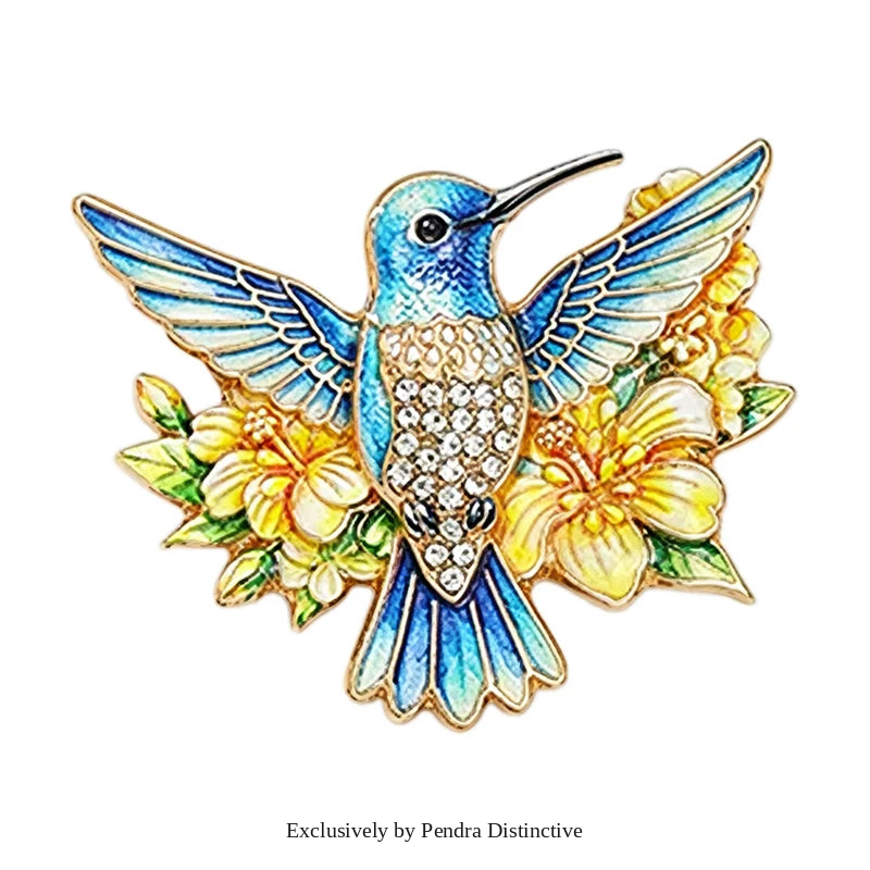 PENDRA Floral Hummingbird Rhinestone Brooch