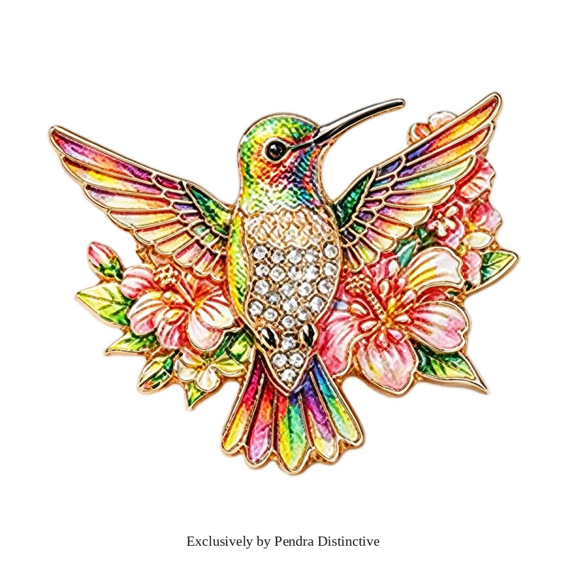 PENDRA Floral Hummingbird Rhinestone Brooch