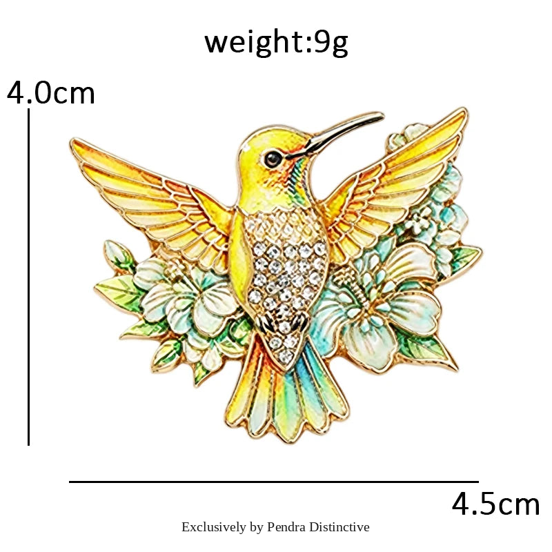 PENDRA Floral Hummingbird Rhinestone Brooch