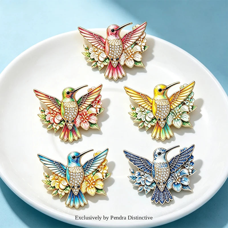 PENDRA Floral Hummingbird Rhinestone Brooch