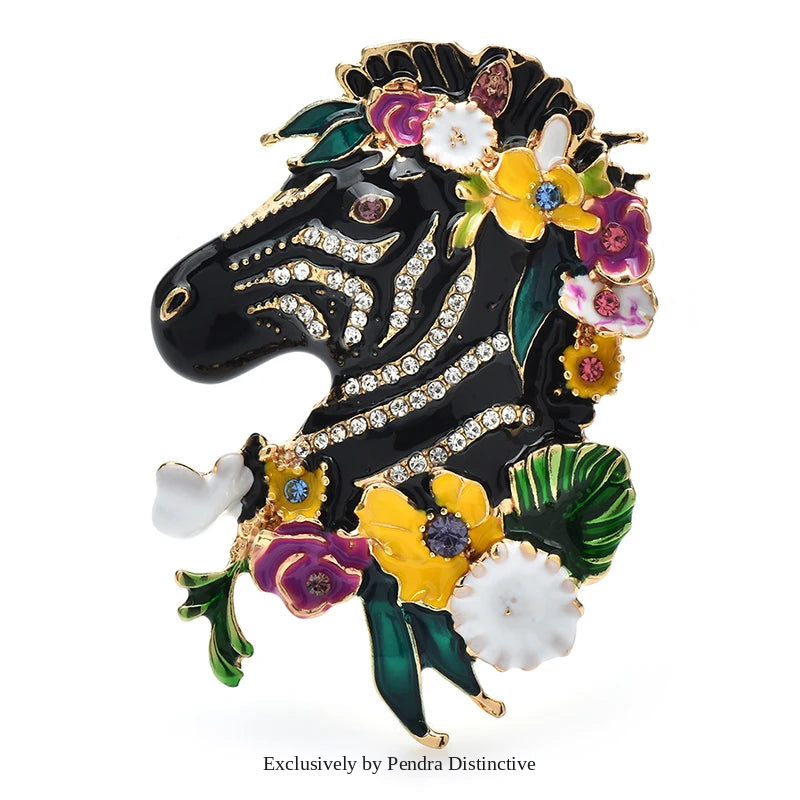 PENDRA Floral Zebra Enamel Animal Brooch