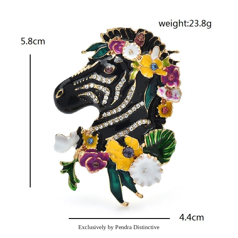 PENDRA Floral Zebra Enamel Animal Brooch