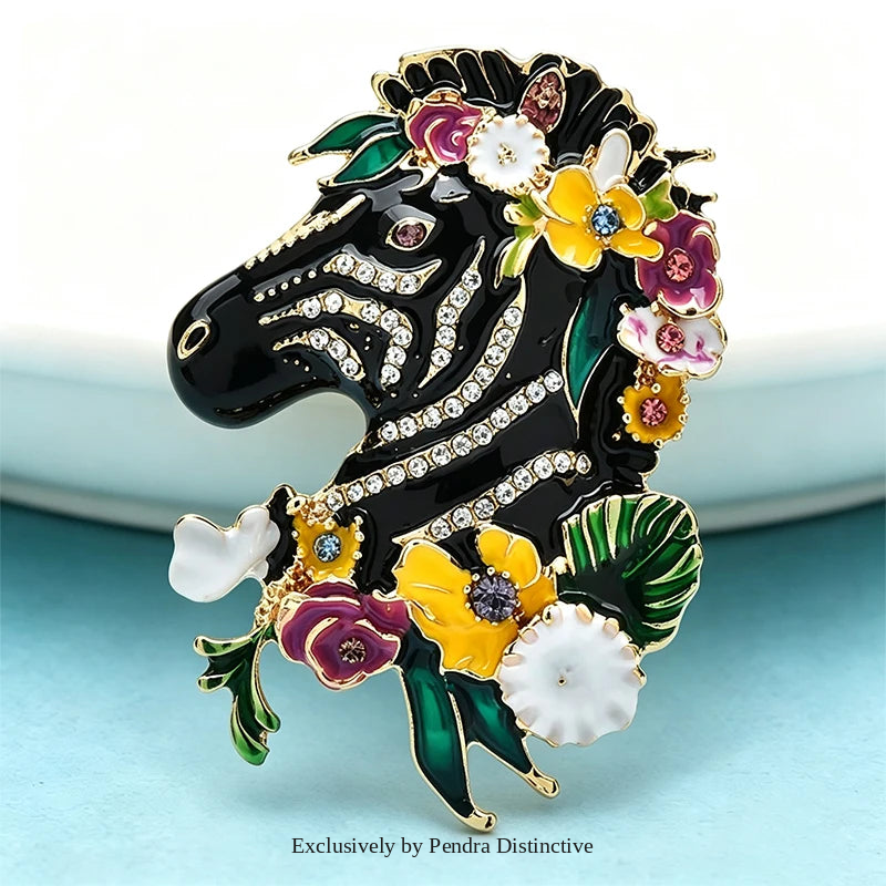 PENDRA Floral Zebra Enamel Animal Brooch