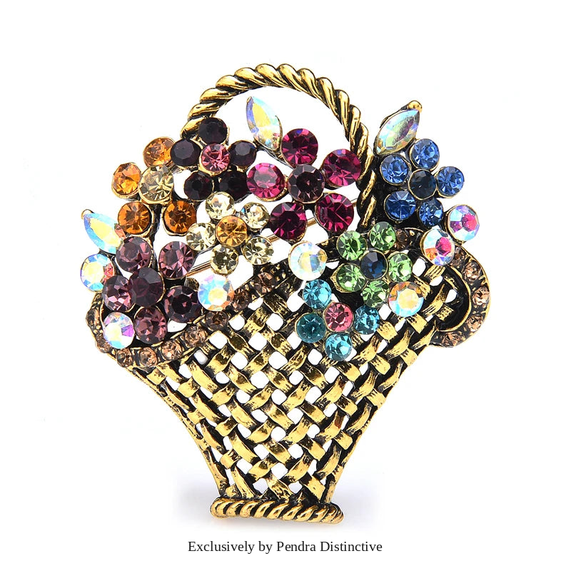 PENDRA Floriana Rhinestone Flower Basket Brooch