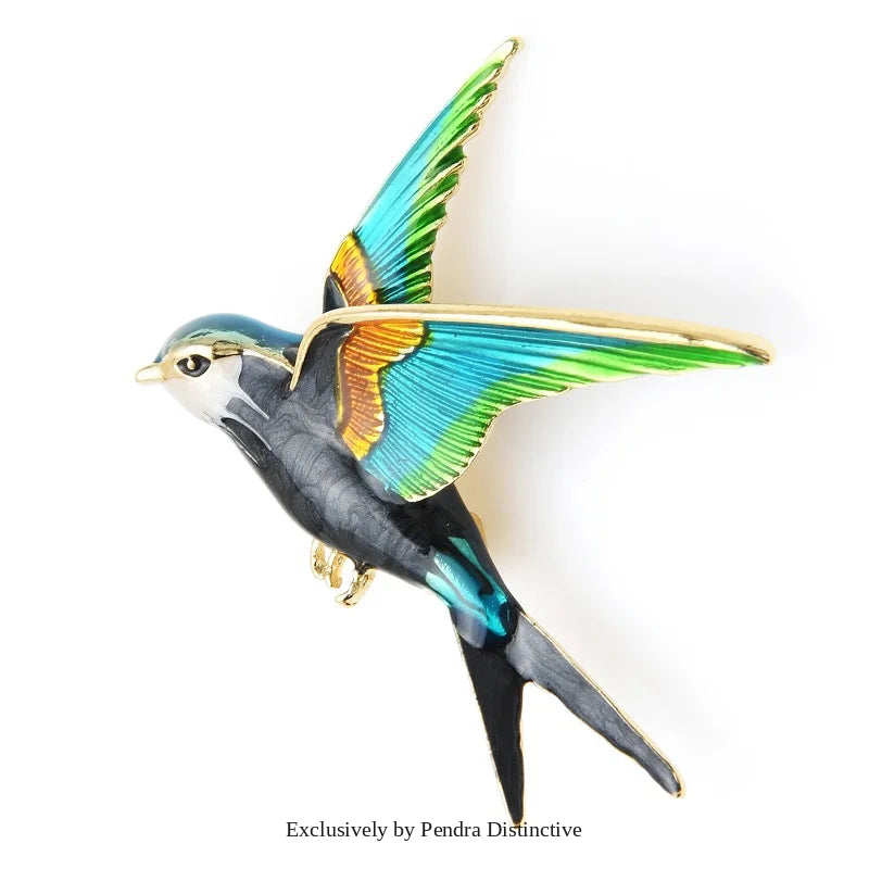 PENDRA Flying Swallow Enamel Bird Brooch