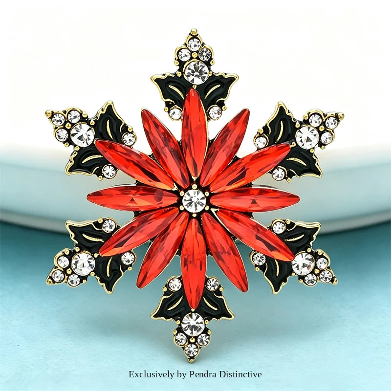 PENDRA Frost Red Rhinestone Snowflake Christmas Brooch