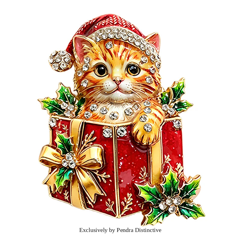 PENDRA Giftbox Rhinestone Christmas Cat Brooch