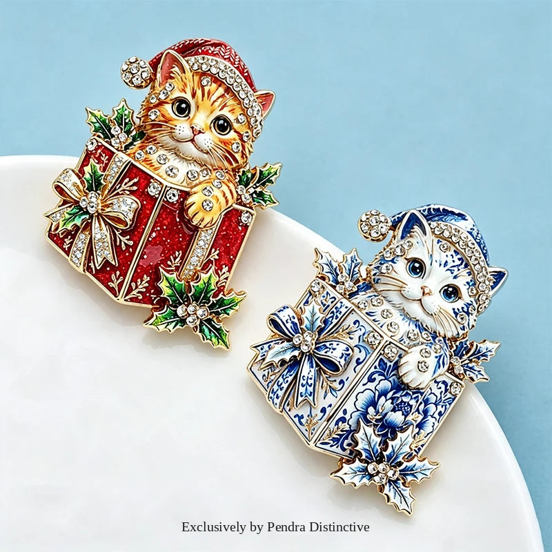 PENDRA Giftbox Rhinestone Christmas Cat Brooch