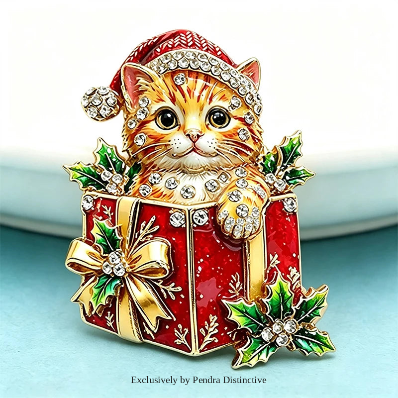 PENDRA Giftbox Rhinestone Christmas Cat Brooch