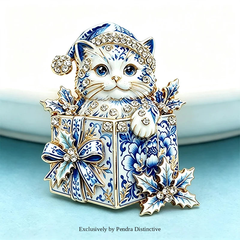 PENDRA Giftbox Rhinestone Christmas Cat Brooch