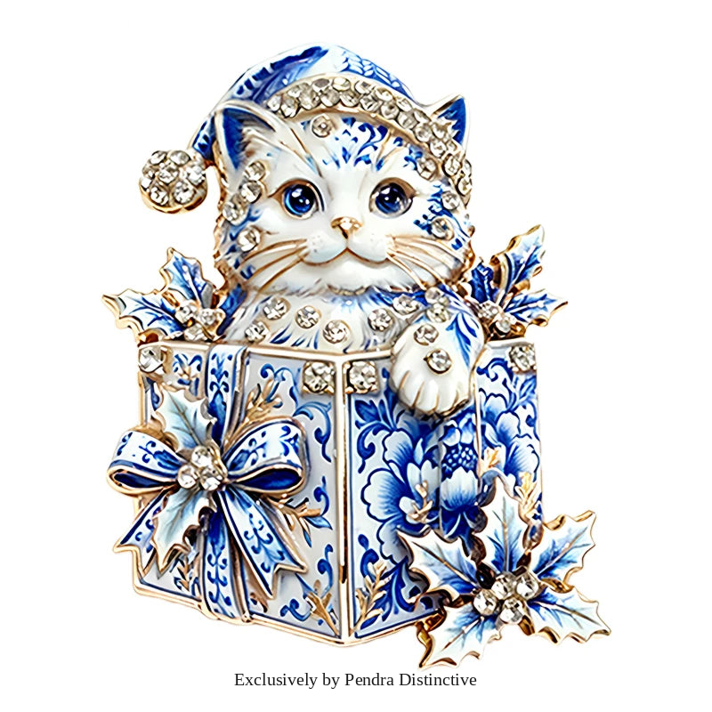 PENDRA Giftbox Rhinestone Christmas Cat Brooch