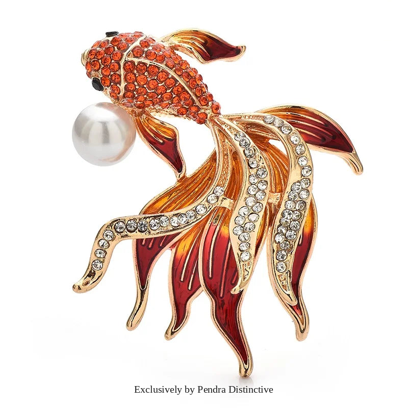 PENDRA Golden Fish Crystal Brooch