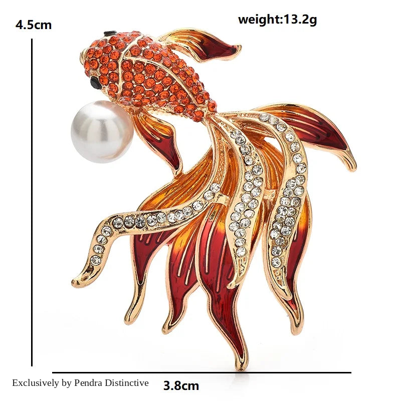 PENDRA Golden Fish Crystal Brooch