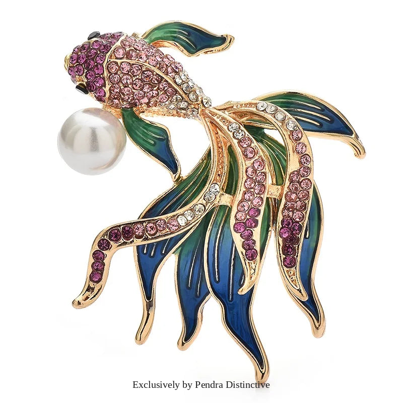 PENDRA Golden Fish Crystal Brooch