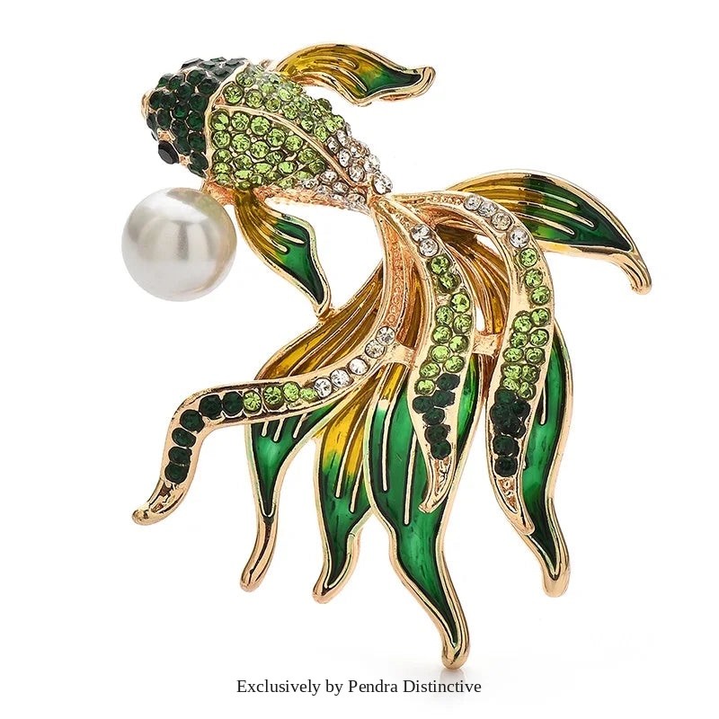 PENDRA Golden Fish Crystal Brooch