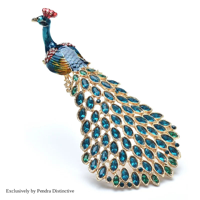 PENDRA Grand Peacock Enamel Bird Brooch