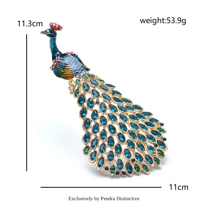 PENDRA Grand Peacock Enamel Bird Brooch