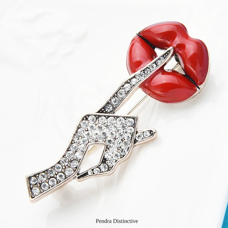 PENDRA Crystal Women Hand Gesture Red Enamel Lip Brooch