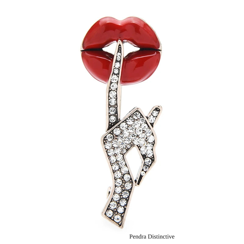 PENDRA Crystal Women Hand Gesture Red Enamel Lip Brooch