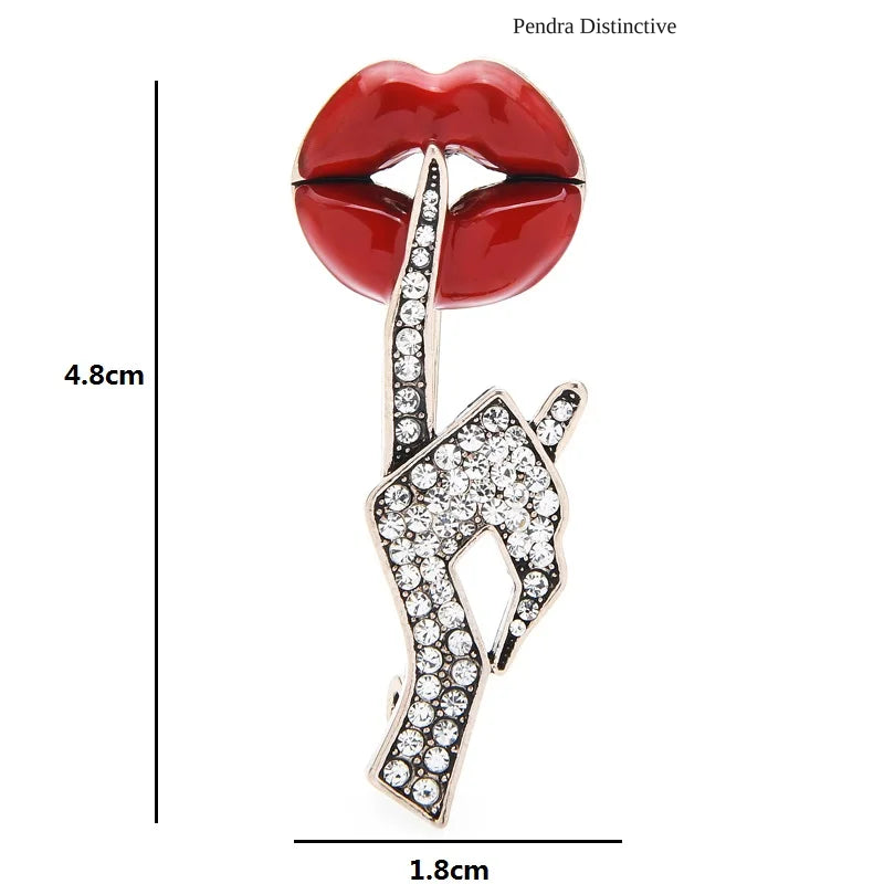 PENDRA Crystal Women Hand Gesture Red Enamel Lip Brooch