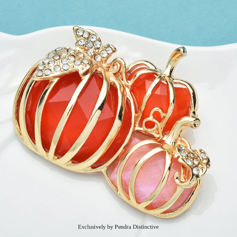 PENDRA Harvest Pumpkin Enamel Rhinestone Brooch