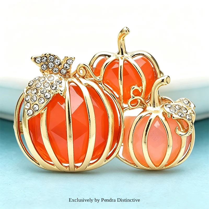 PENDRA Harvest Pumpkin Enamel Rhinestone Brooch