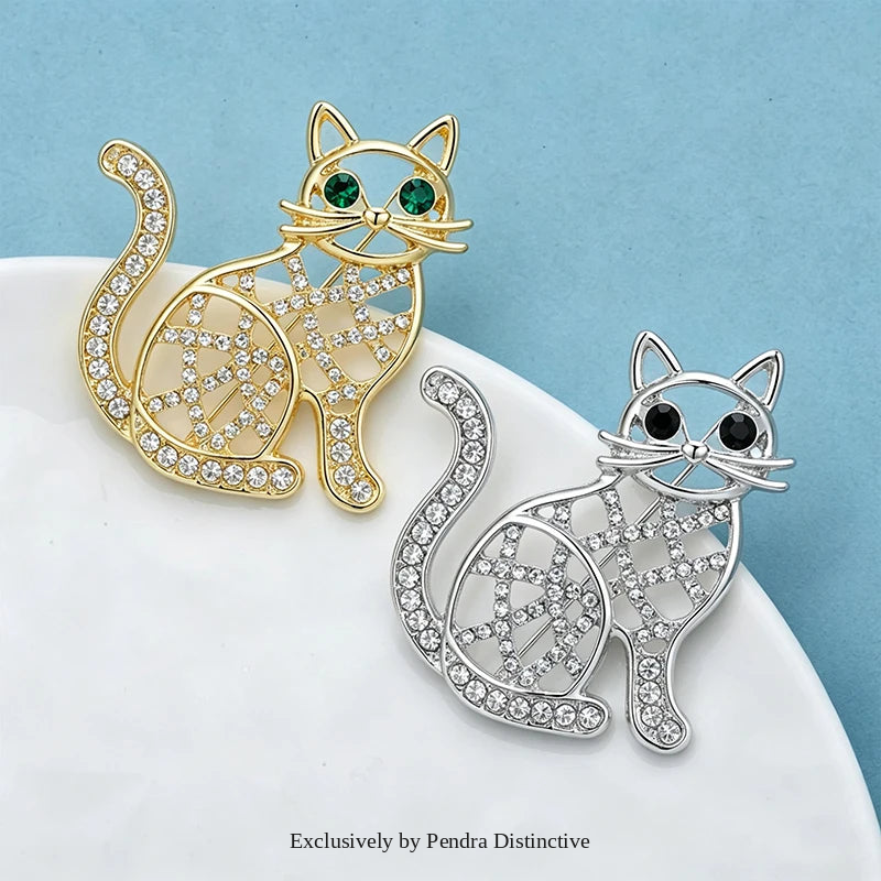 PENDRA Hollow Cat Rhinestone Brooch