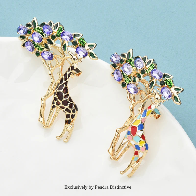 PENDRA Leaf-Eating Giraffe Enamel Animal Brooch