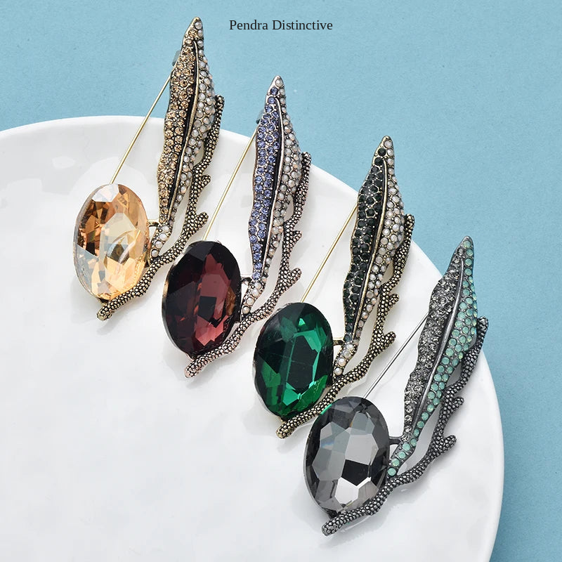 PENDRA Leafcrystal Crystal Leaf Brooch