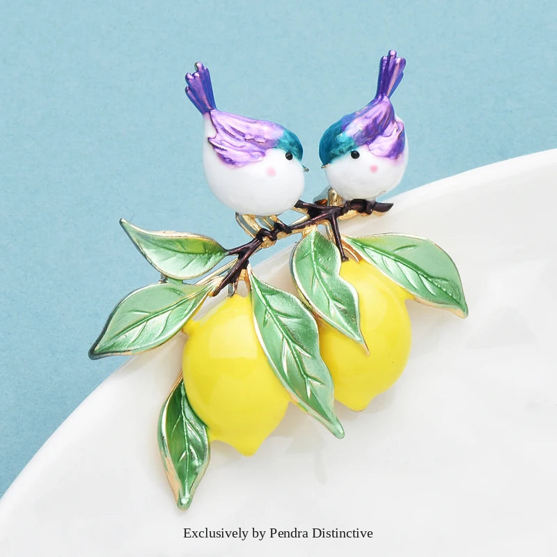 PENDRA Lemonbird Enamel Bird and Lemon Brooch