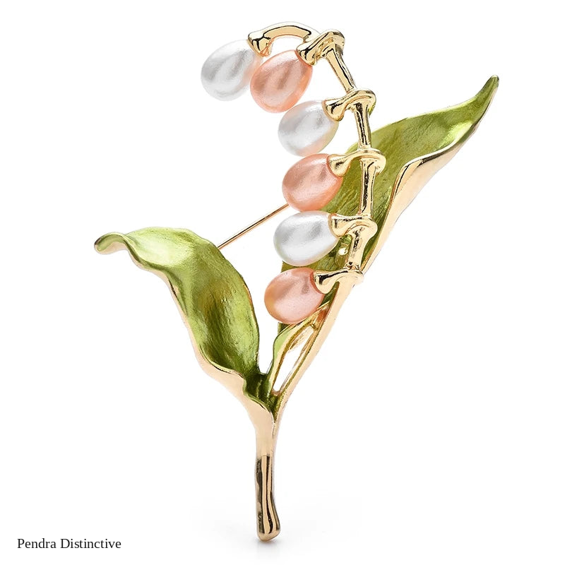 PENDRA Lilyvale Enamel Leaf and Pearl Lily Brooch
