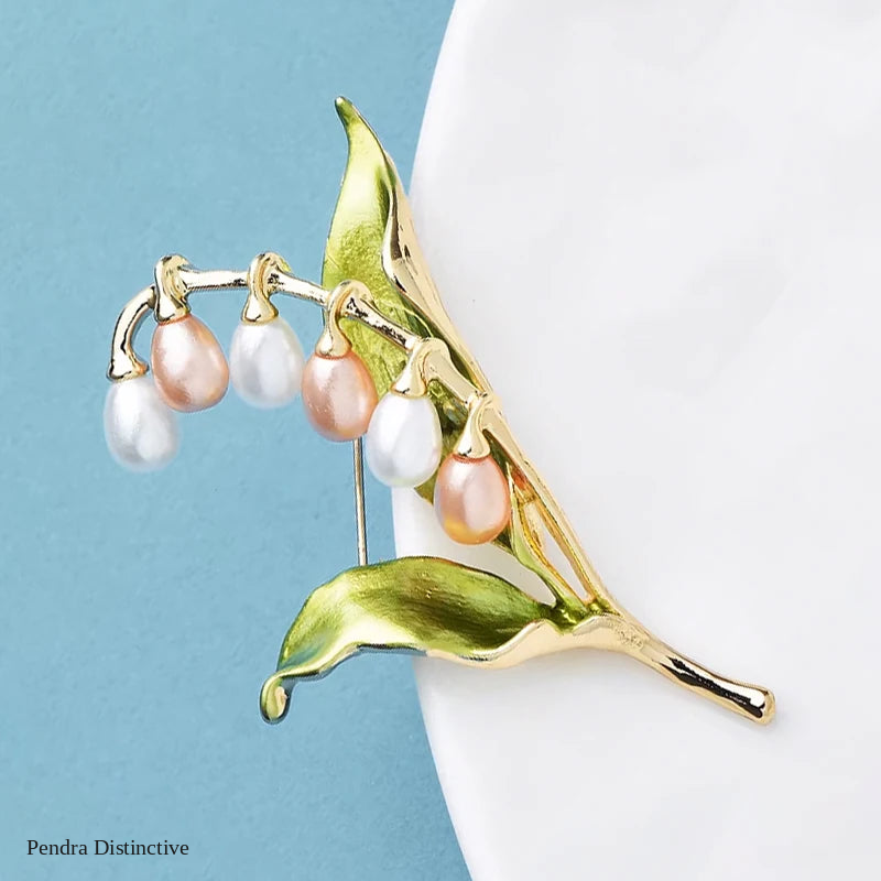 PENDRA Lilyvale Enamel Leaf and Pearl Lily Brooch