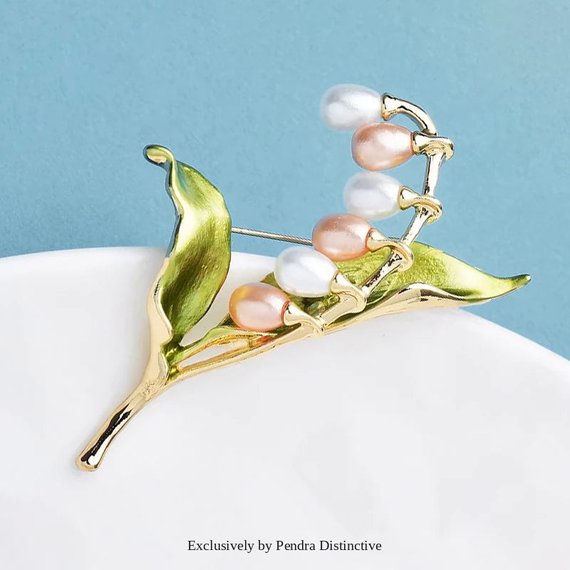 PENDRA Lilyvale Enamel Leaf and Pearl Lily Brooch