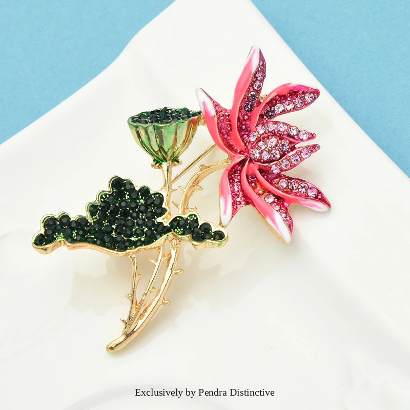 PENDRA Lotuselle Pink Enamel Lotus Flower Brooch