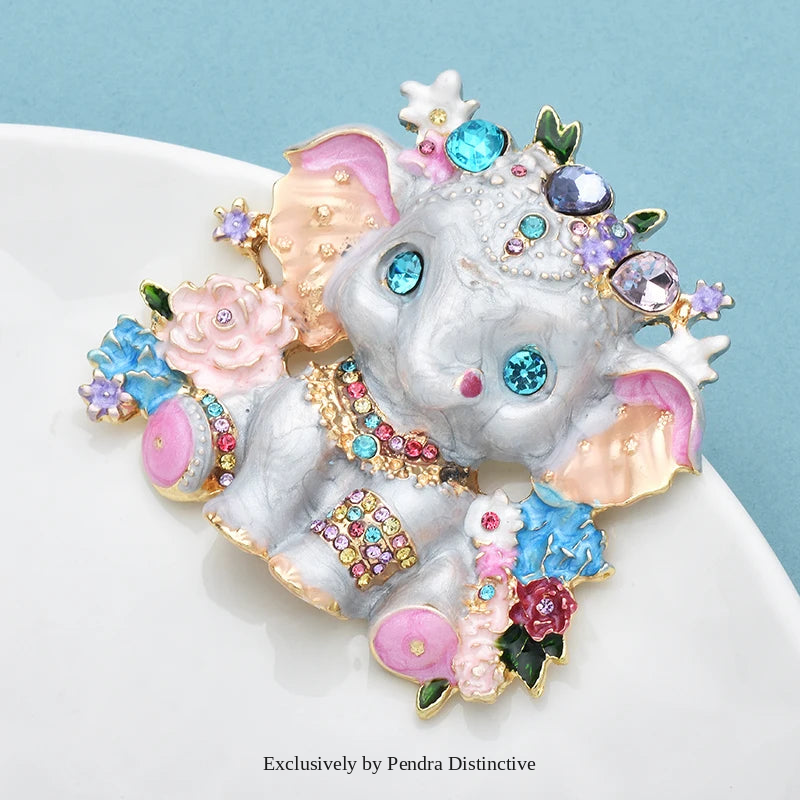 PENDRA Lovely Enamel Elephant Brooch