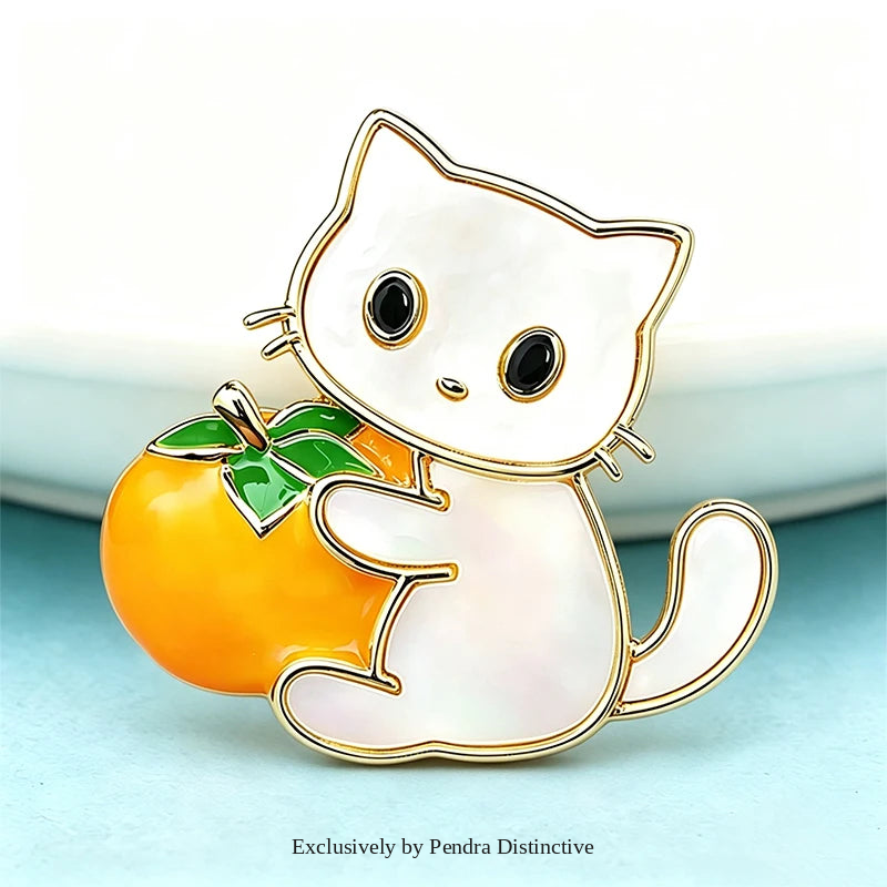 PENDRA Lovely Holding Persimmon Tomato Cat Brooch