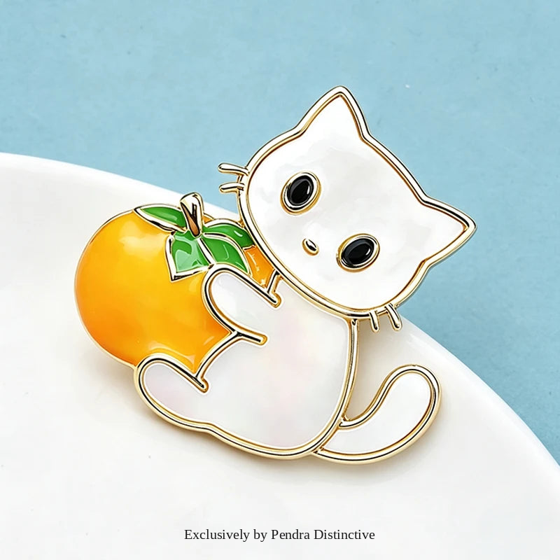 PENDRA Lovely Holding Persimmon Tomato Cat Brooch