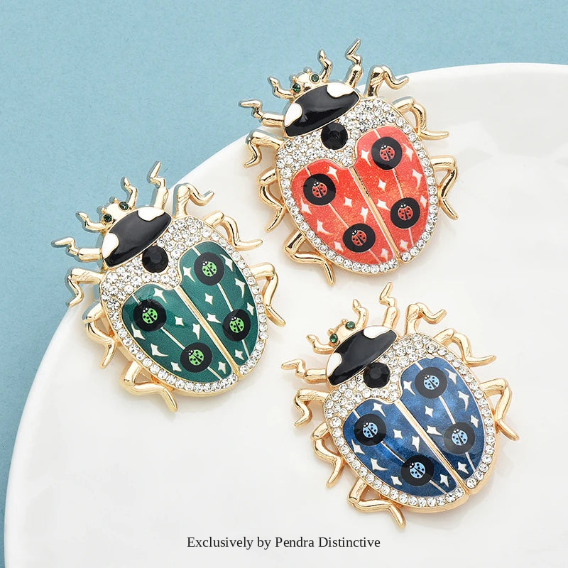 PENDRA Lovely Rhinestone Ladybug Brooch