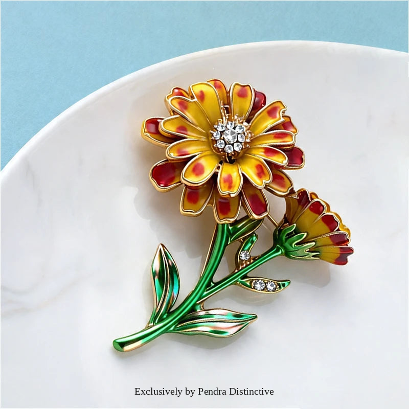 PENDRA Marigold Enamel Marigold Flower Brooch