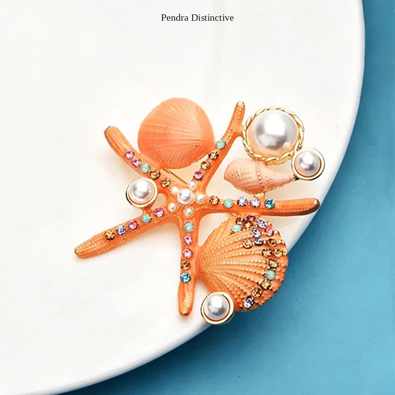 PENDRA Marina Enamel Pearl Starfish Brooch