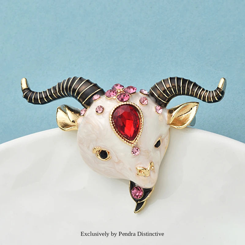 PENDRA Meadowhorn Enamel Goat Brooch