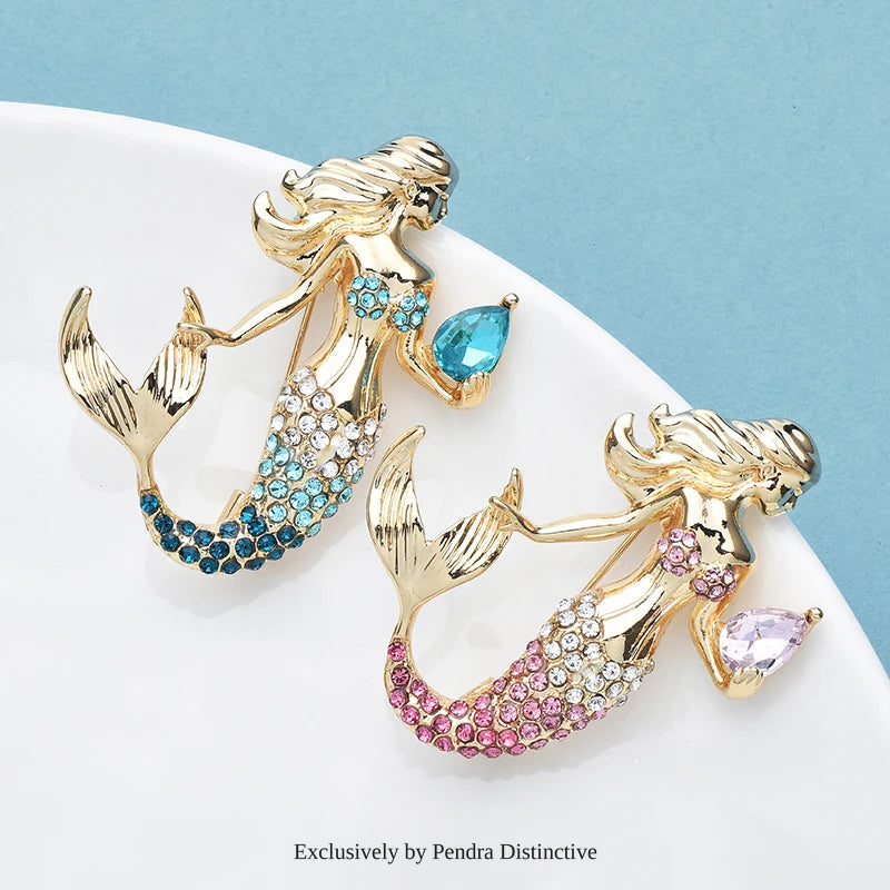 PENDRA Beautiful Mermaid Holding a Rhineston Conch Brooch