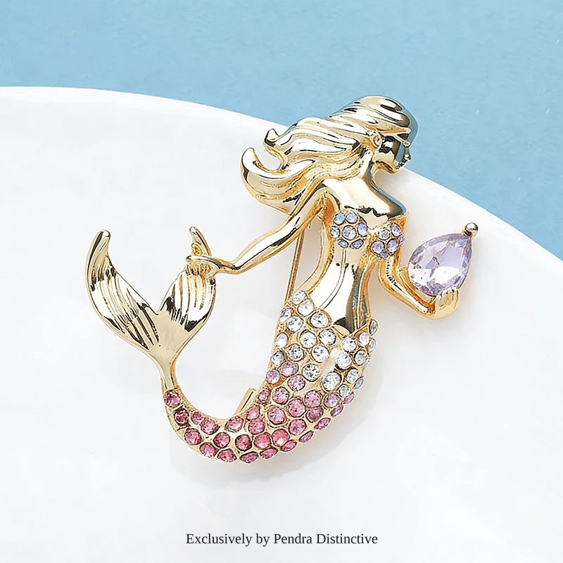 PENDRA Beautiful Mermaid Holding a Rhineston Conch Brooch