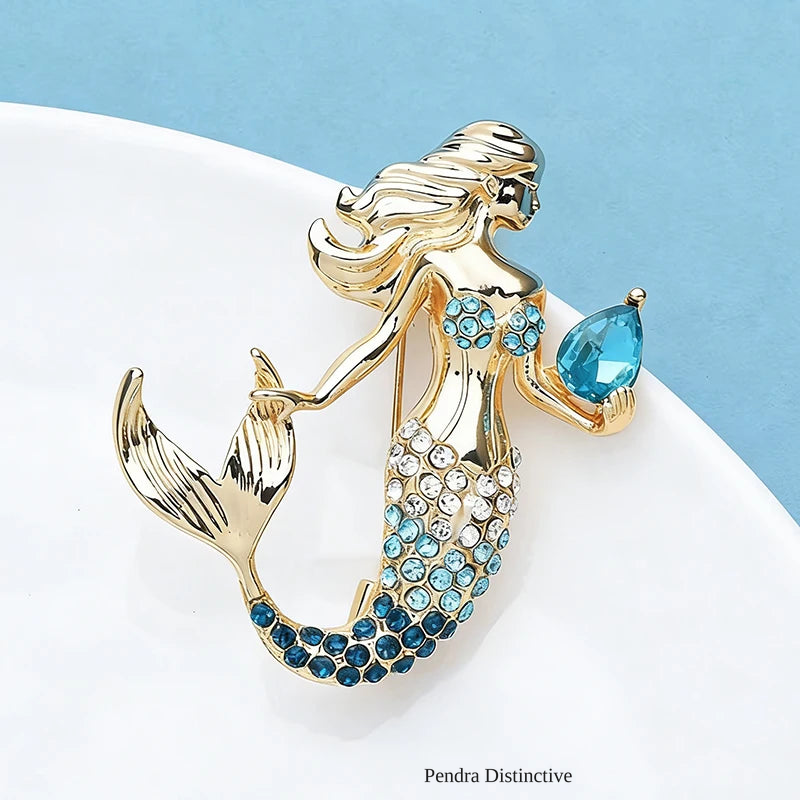 PENDRA Beautiful Mermaid Holding a Rhineston Conch Brooch