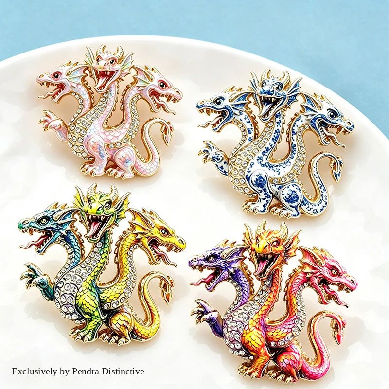 PENDRA Mythic Hydra Three-Headed Rhinestone Brooch