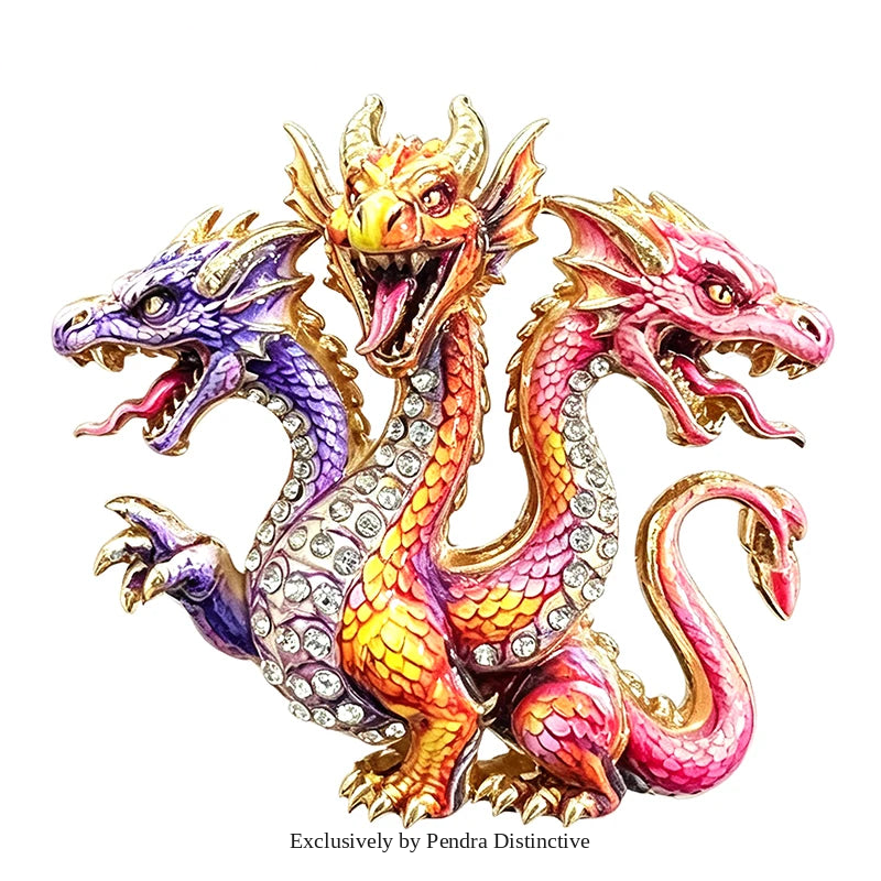 PENDRA Mythic Hydra Three-Headed Rhinestone Brooch